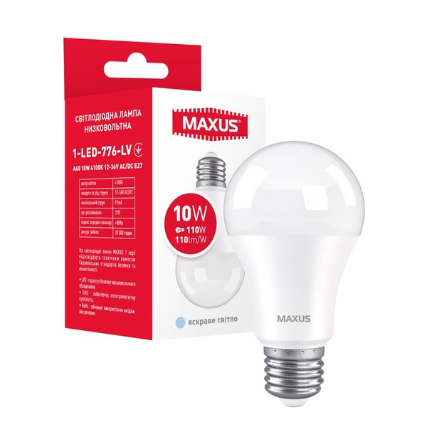 Лампа світлодіодна низковольтна 1-LED-776-LV MAXUS A60 10W 4100K 12-36V AC/DC E27 1-LED-776-LV фото