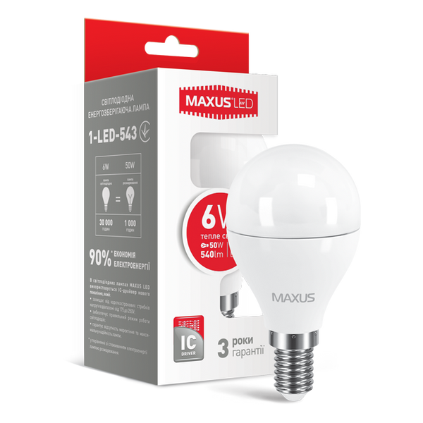 LED лампа Maxus G45 6W тепле світло E14 (1-LED-543) 1-LED-543 фото