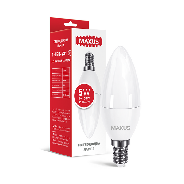 Лампа світлодіодна MAXUS 1-LED-731 C37 5W 3000K 220V E14 1-LED-731 фото