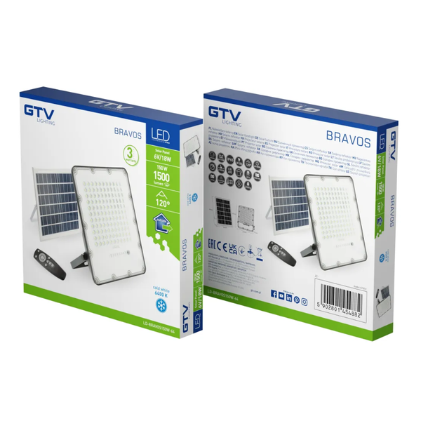 Прожектор GTV BRAVOS, сонячна панель, 150W, 6400K, IP65, 120&deg;, на пульті (LD-BRAVOS150W-64) LD-BRAVOS150W-64 фото