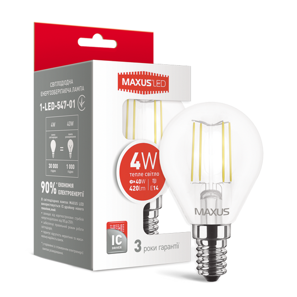 Лампа світлодіодна філаментна MAXUS G45 4W тепле світло E14 (1-LED-547-01) 1-LED-547-01 фото