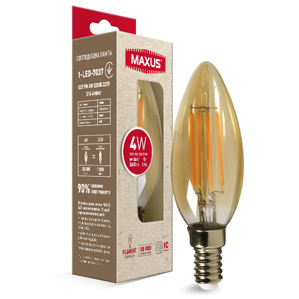 Лампа светодиодная филаментная MAXUS арт деко C37 4W 2200K E14 Amber 1-LED-7037 фото