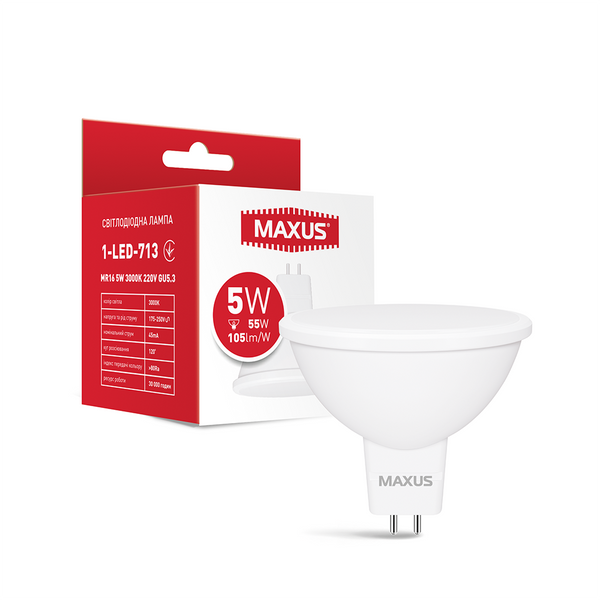 Лампа світлодіодна MAXUS 1-LED-713 MR16 5W 3000K 220V GU5.3 1-LED-713 фото
