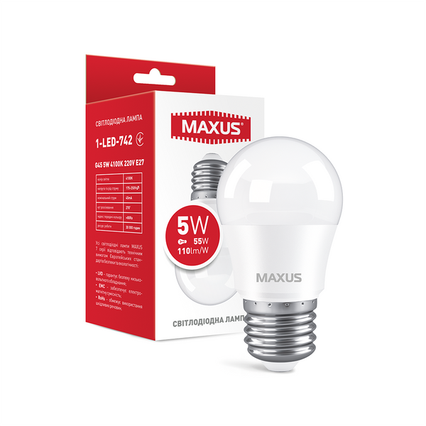 Лампа світлодіодна MAXUS 1-LED-742 G45 5W 4100K 220V E27 1-LED-742 фото