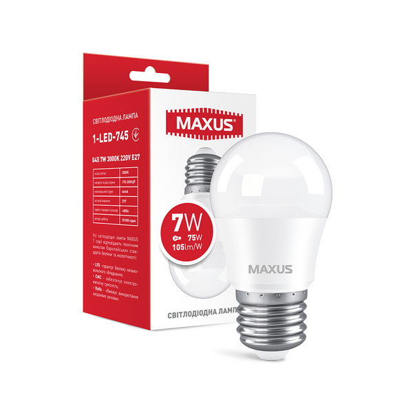 Лампа світлодіодна MAXUS 1-LED-745 G45 7W 3000K 220V E27 1-LED-745 фото