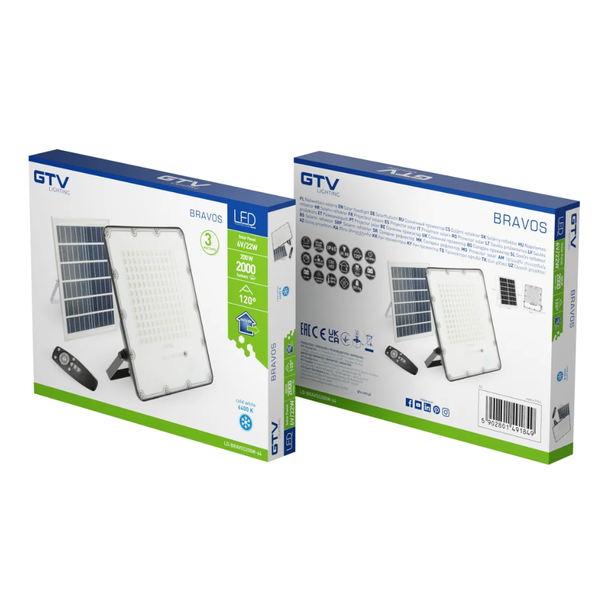 Прожектор GTV BRAVOS, сонячна панель, 200W, 6400K, IP65, 120&deg;, на пульті (LD-BRAVOS200W-64) LD-BRAVOS200W-64 фото