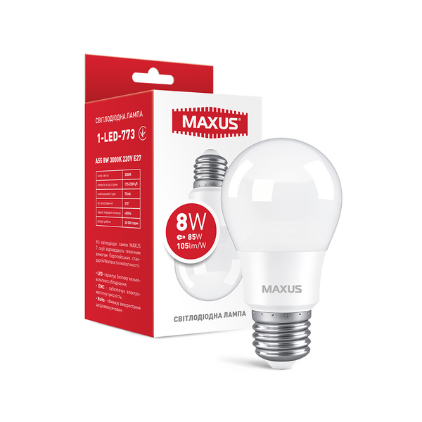 Лампа світлодіодна MAXUS 1-LED-773 A55 8W 3000K 220V E27 1-LED-773 фото
