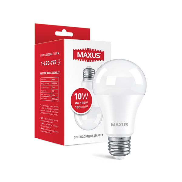 Лампа світлодіодна MAXUS 1-LED-775 A60 10W 3000K 220V E27 1-LED-775 фото