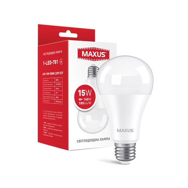 Лампа світлодіодна MAXUS 1-LED-781 A70 15W 3000K 220V E27 1-LED-781 фото