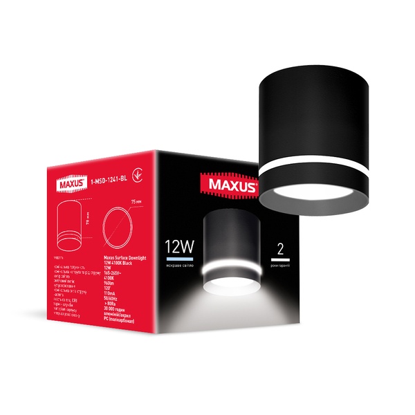 Світильник світлодіодний Maxus Surface Downlight 12W 4100K Black 1-MSD-1241-BL фото
